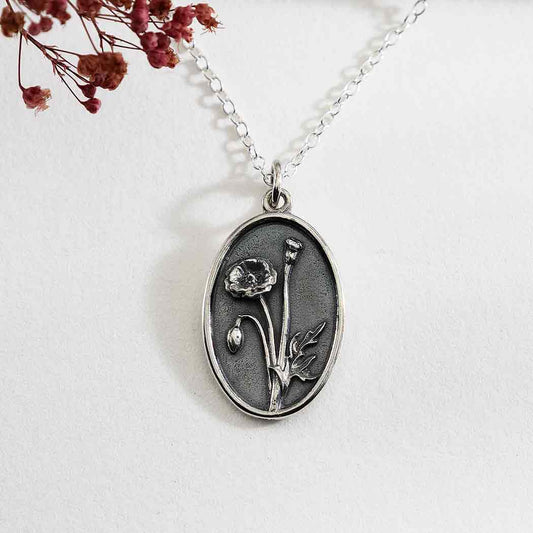 Sterling Silver Birthflower Necklaces: August - Poppy