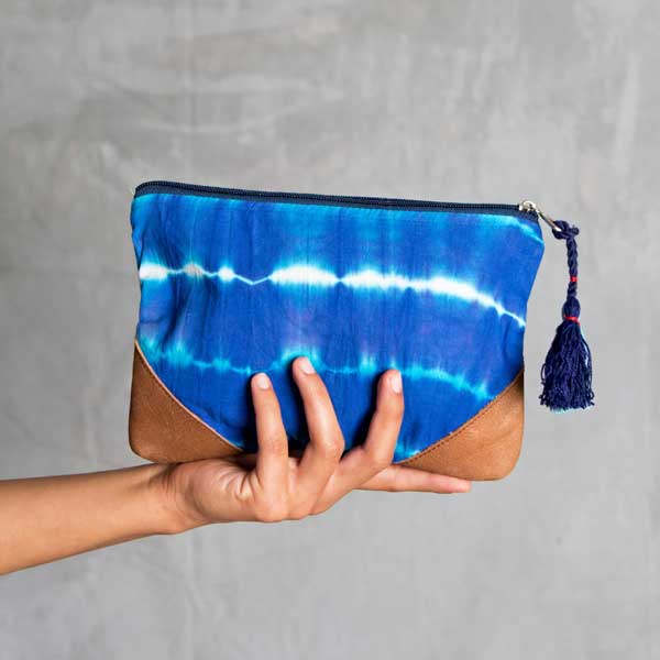 Dyed Shibori Pouch with Tassels